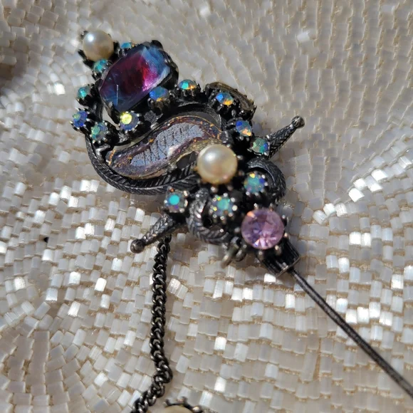 Florenza Hat Pin Stick Pin ~ Vintage ~ Victorian Revival ~ Rhinestones ~ Flaws - Picture 9 of 16